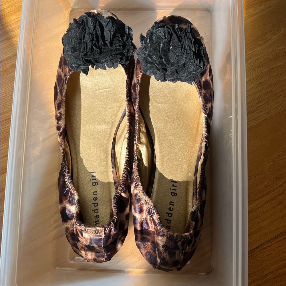 Madden Girl Animal Print Fabric Upper Ballerina Flats with Black Floral Detail